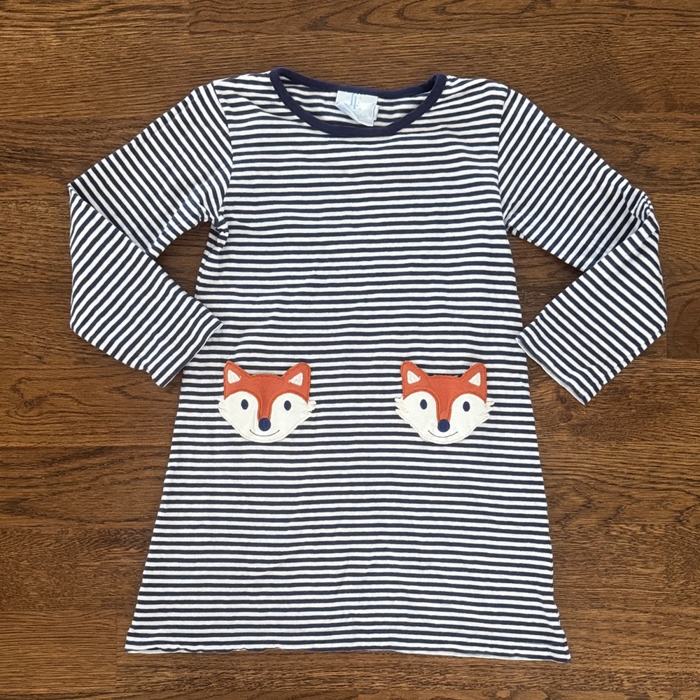 Little English Striped Fox Appliqué Pocket Dress